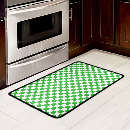 White And Green Checkered Print Kitchen Mat