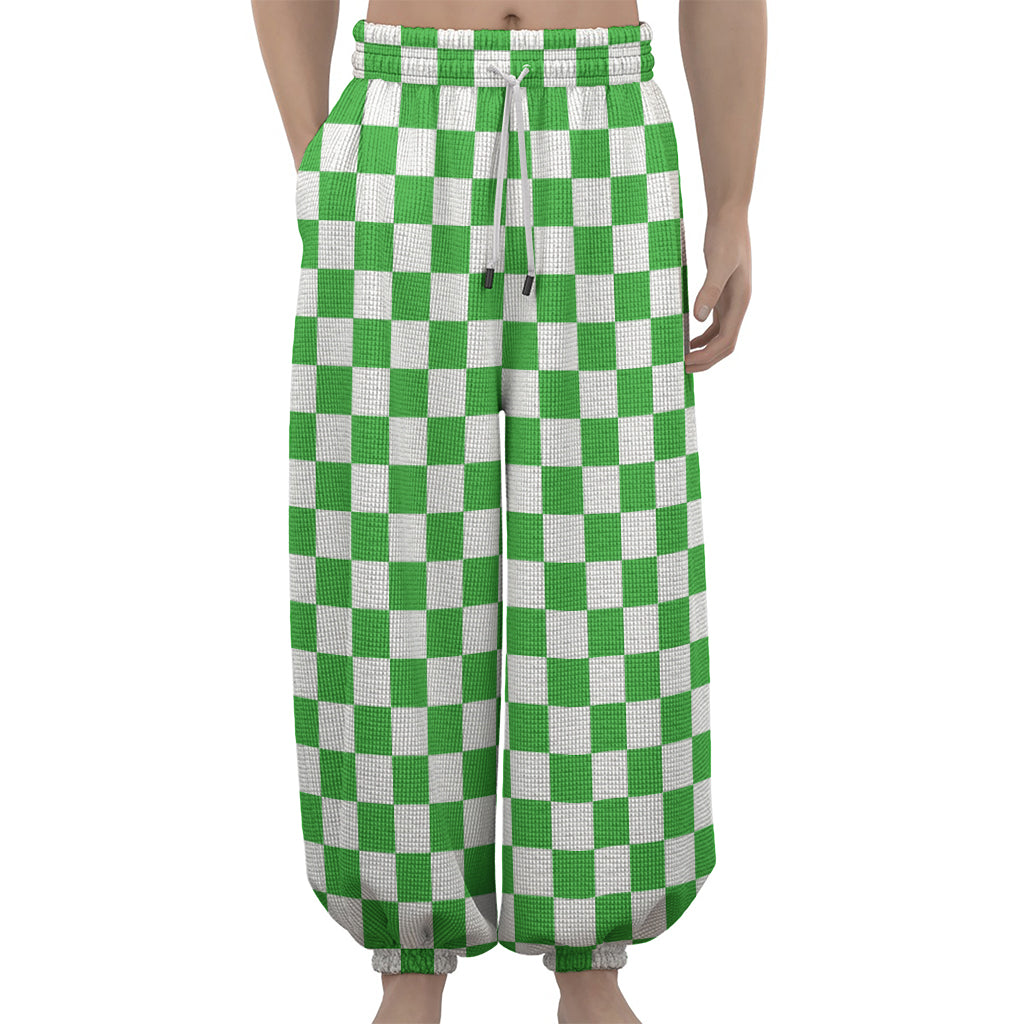 White And Green Checkered Print Lantern Pants