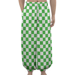 White And Green Checkered Print Lantern Pants