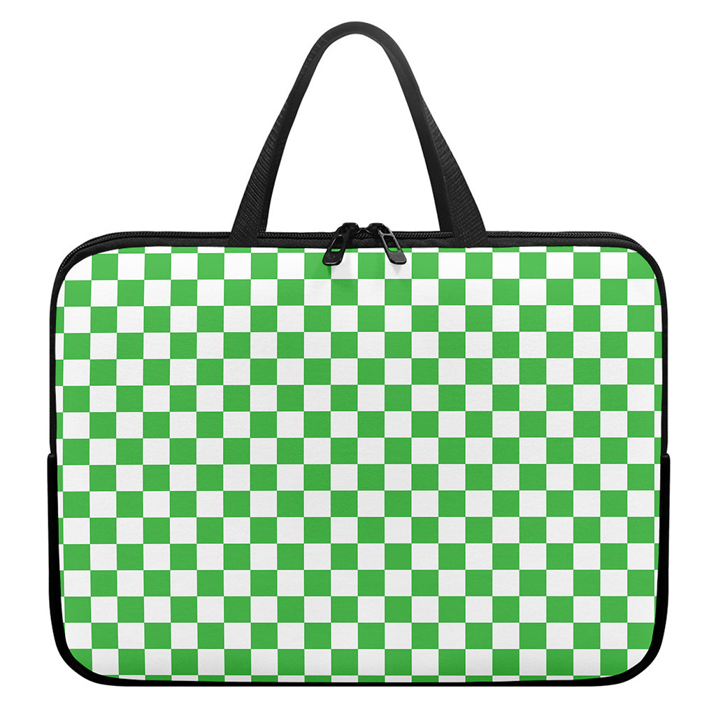 White And Green Checkered Print Laptop Sleeve With Handle