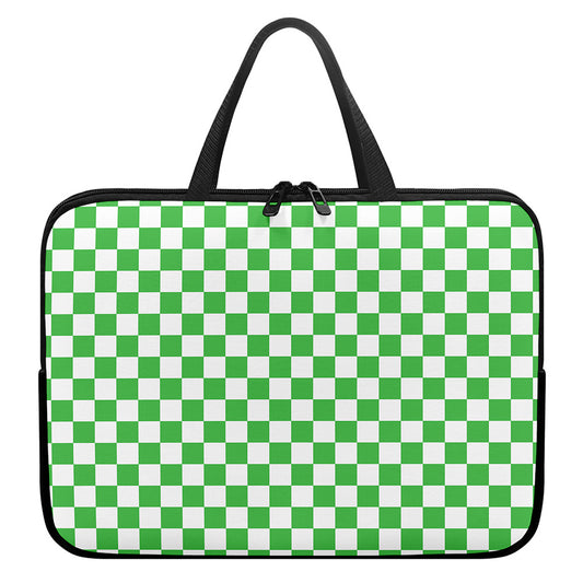 White And Green Checkered Print Laptop Sleeve With Handle
