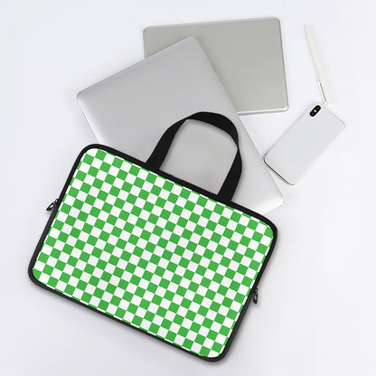 White And Green Checkered Print Laptop Sleeve With Handle
