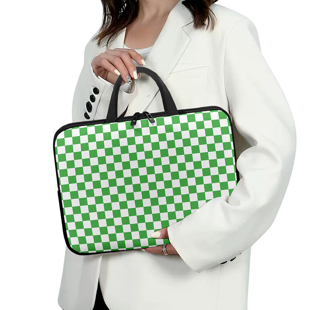 White And Green Checkered Print Laptop Sleeve With Handle