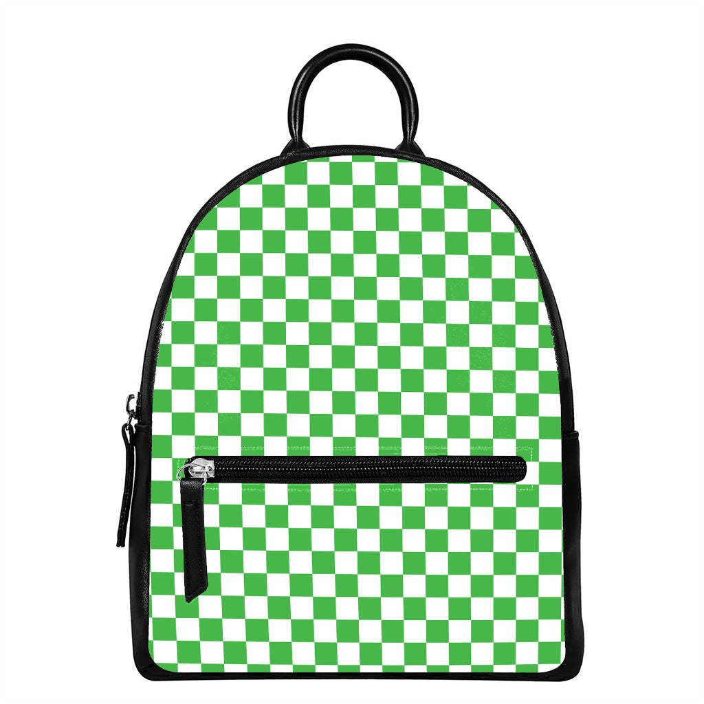 White And Green Checkered Print Leather Backpack
