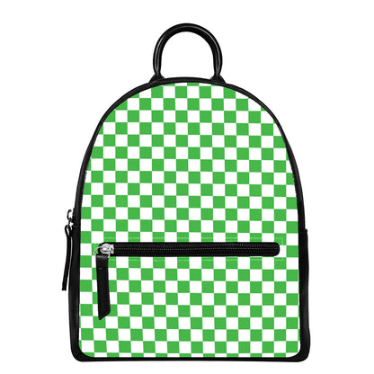 White And Green Checkered Print Leather Backpack