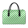 White And Green Checkered Print Leather Duffel Bag