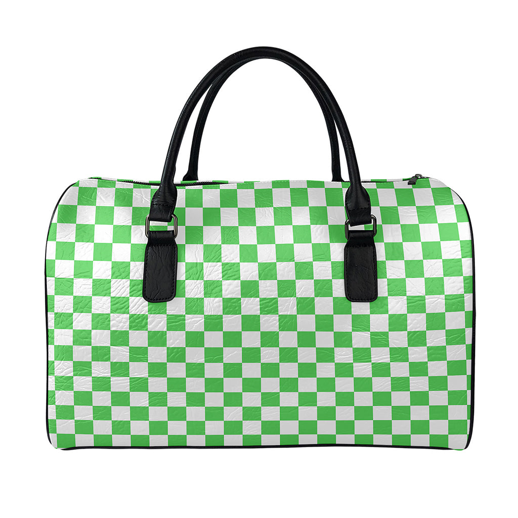 White And Green Checkered Print Leather Duffle Bag