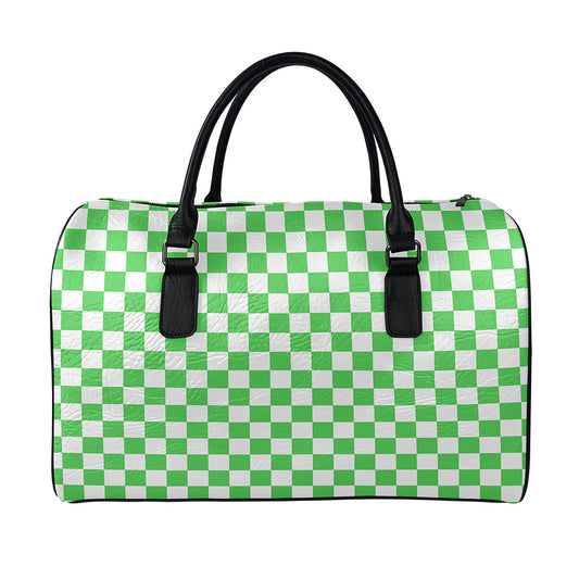White And Green Checkered Print Leather Duffle Bag