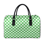 White And Green Checkered Print Leather Duffle Bag
