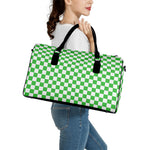 White And Green Checkered Print Leather Duffle Bag