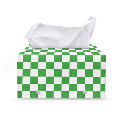 White And Green Checkered Print Leather Tissue Box Cover