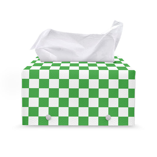 White And Green Checkered Print Leather Tissue Box Cover