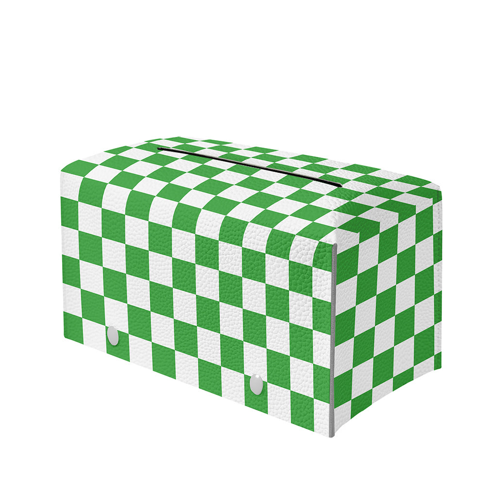 White And Green Checkered Print Leather Tissue Box Cover