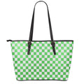 White And Green Checkered Print Leather Tote Bag With Zipper