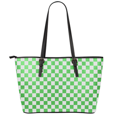 White And Green Checkered Print Leather Tote Bag