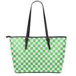 White And Green Checkered Print Leather Tote Bag