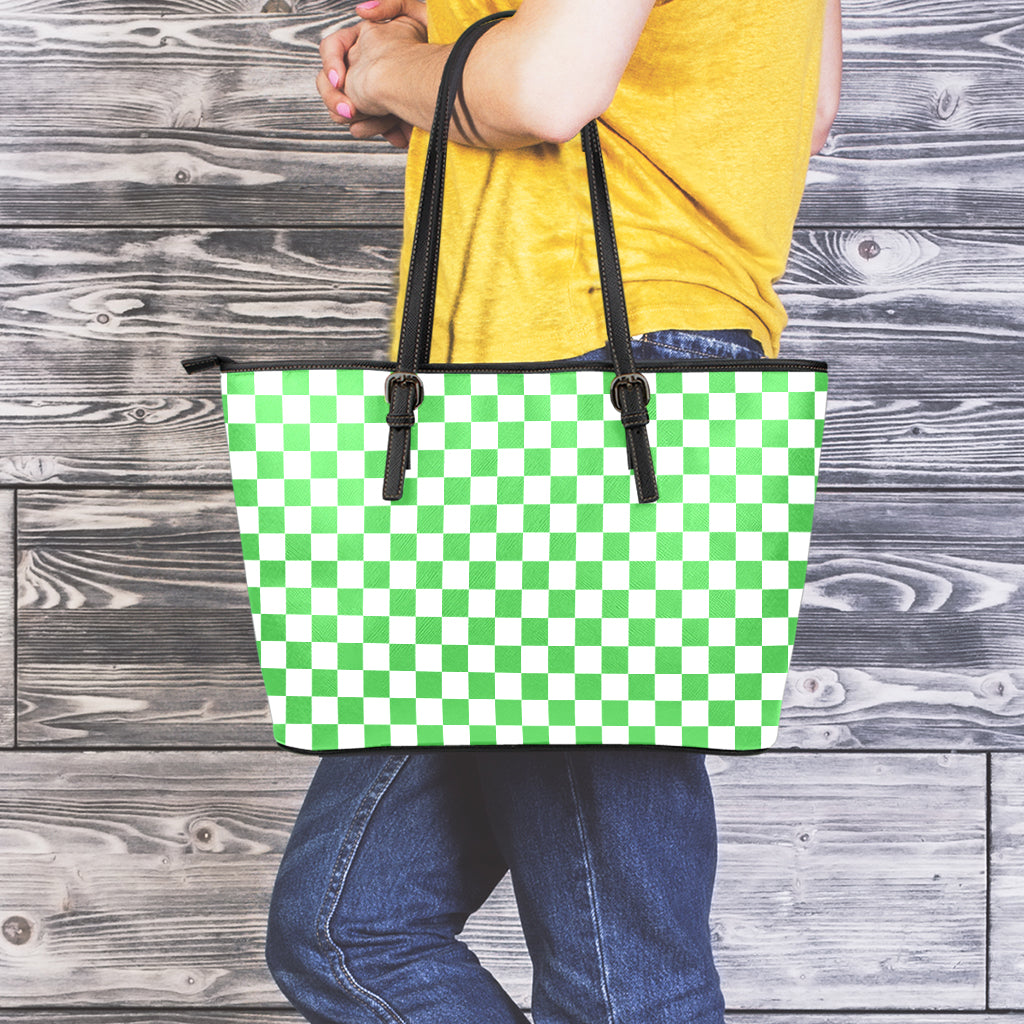 White And Green Checkered Print Leather Tote Bag