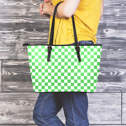 White And Green Checkered Print Leather Tote Bag