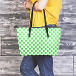 White And Green Checkered Print Leather Tote Bag