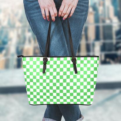 White And Green Checkered Print Leather Tote Bag