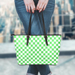 White And Green Checkered Print Leather Tote Bag