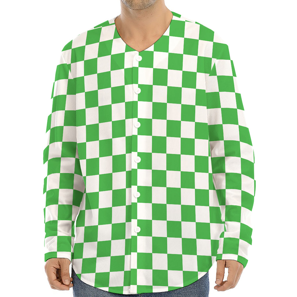 White And Green Checkered Print Long Sleeve Baseball Jersey