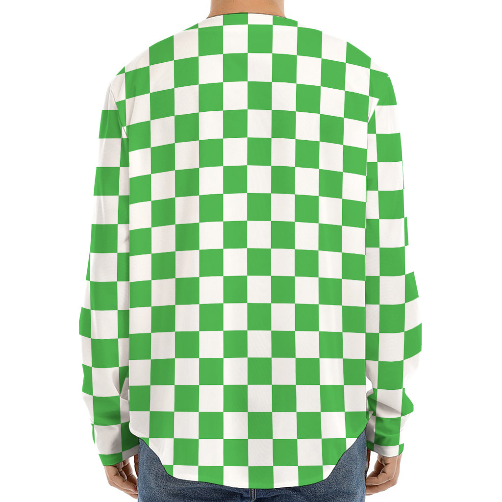 White And Green Checkered Print Long Sleeve Baseball Jersey