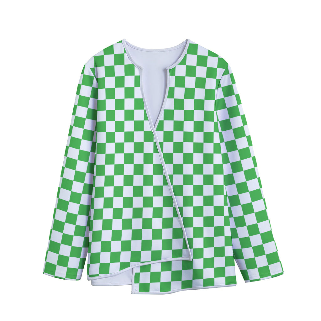 White And Green Checkered Print Long Sleeve Short Coat