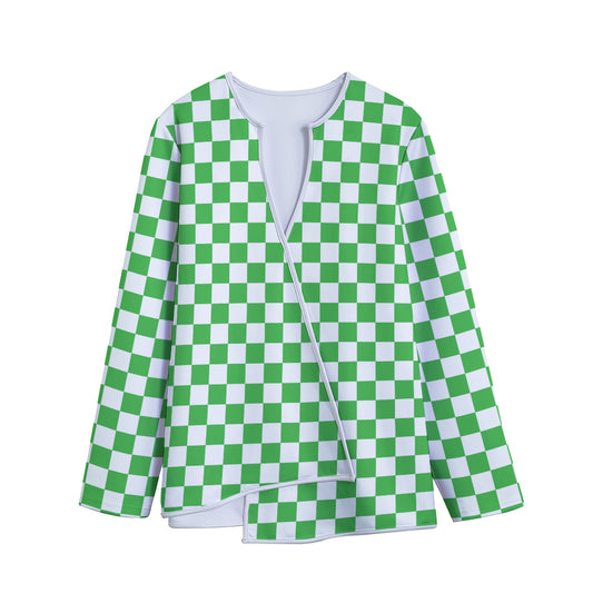 White And Green Checkered Print Long Sleeve Short Coat