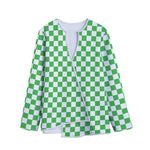 White And Green Checkered Print Long Sleeve Short Coat