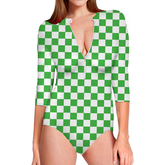 White And Green Checkered Print Long Sleeve Swimsuit