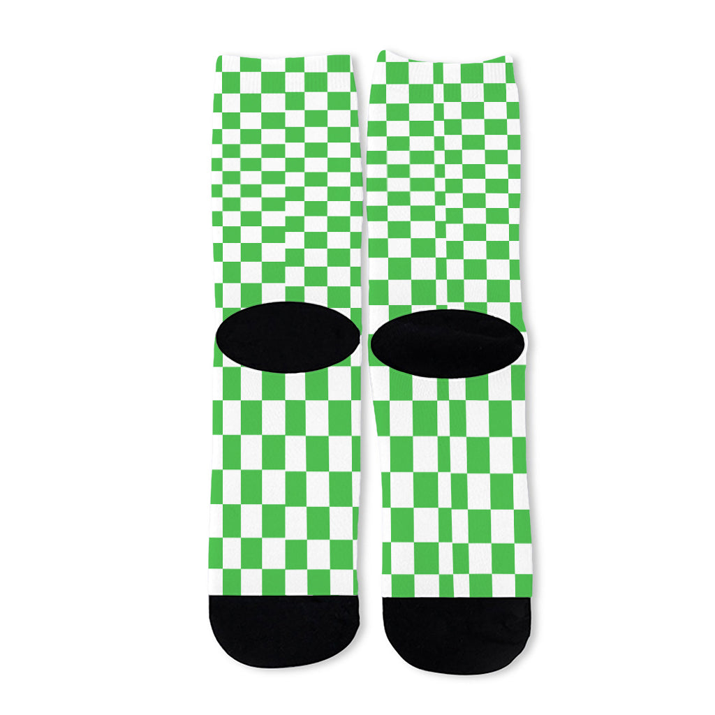 White And Green Checkered Print Long Socks