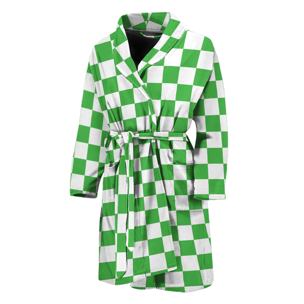 White And Green Checkered Print Men's Bathrobe
