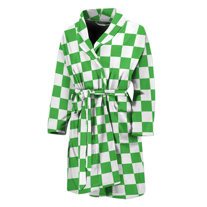 White And Green Checkered Print Men's Bathrobe