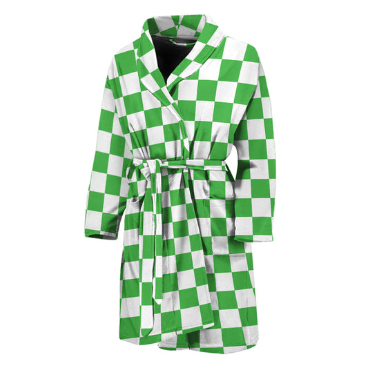 White And Green Checkered Print Men's Bathrobe