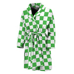 White And Green Checkered Print Men's Bathrobe