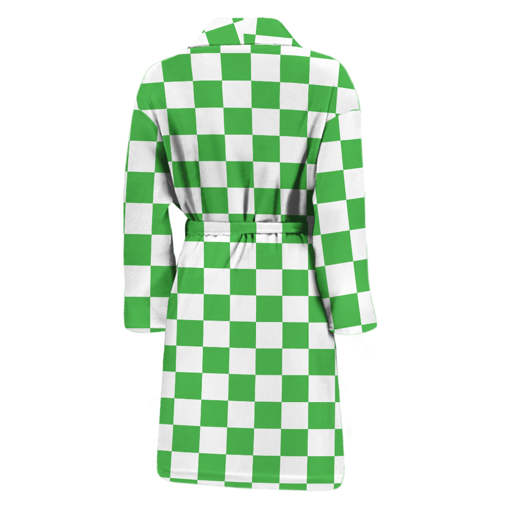 White And Green Checkered Print Men's Bathrobe