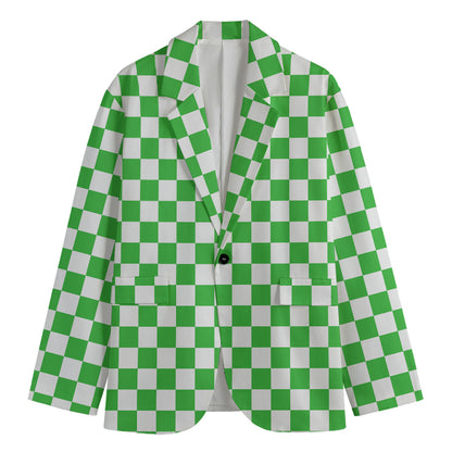 White And Green Checkered Print Men's Blazer