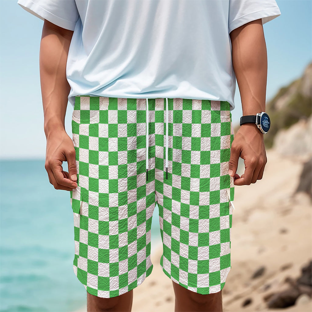 White And Green Checkered Print Men's Cargo Shorts