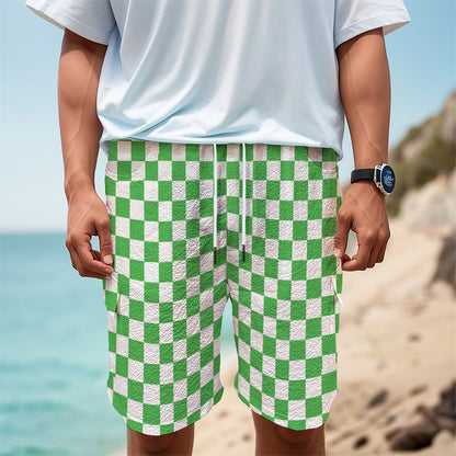 White And Green Checkered Print Men's Cargo Shorts