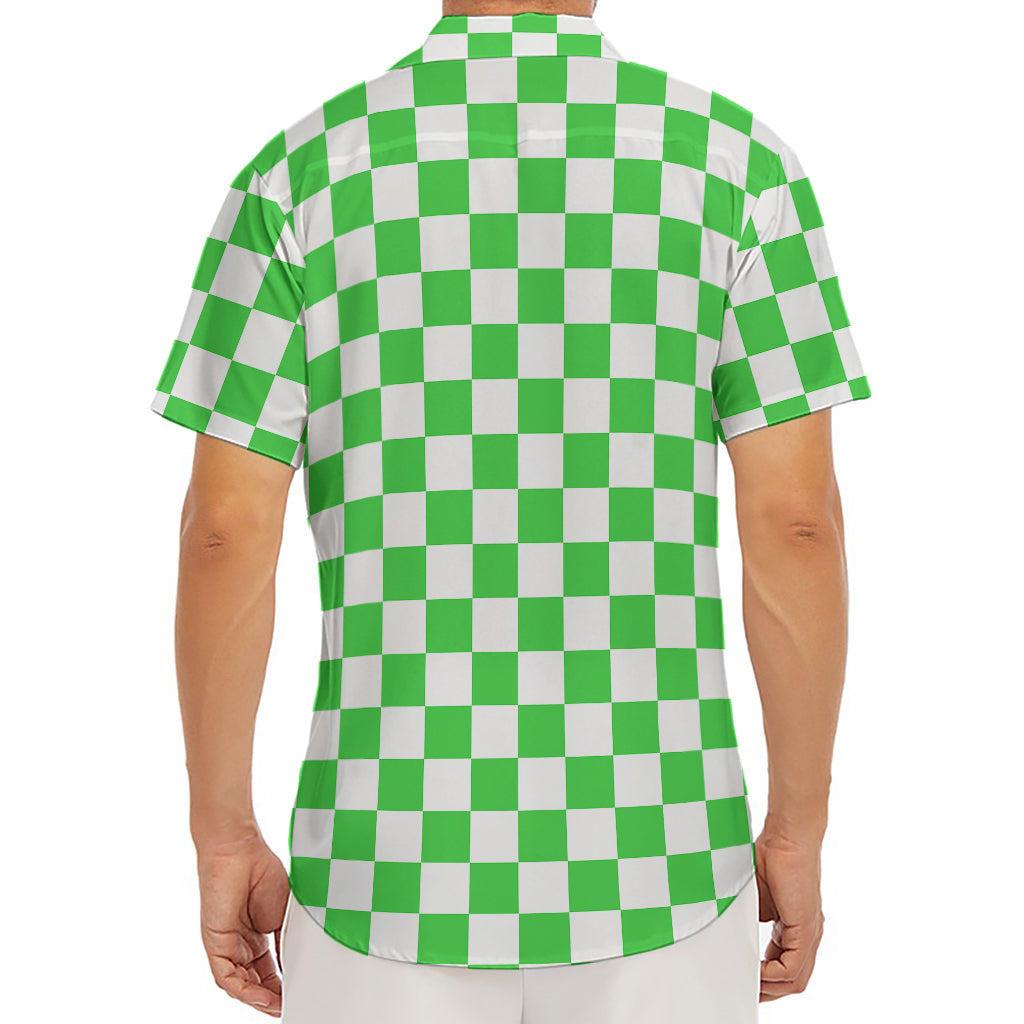 White And Green Checkered Print Men's Deep V-Neck Shirt