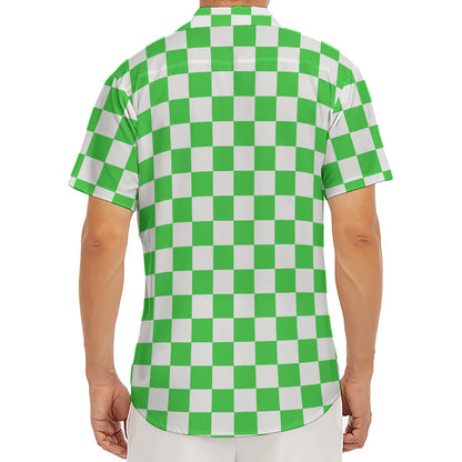 White And Green Checkered Print Men's Deep V-Neck Shirt