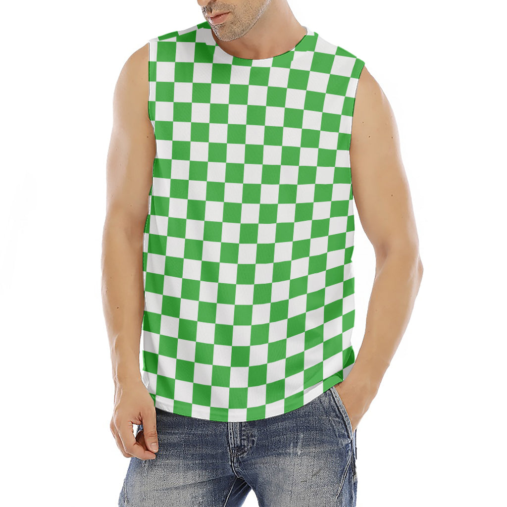 White And Green Checkered Print Men's Fitness Tank Top