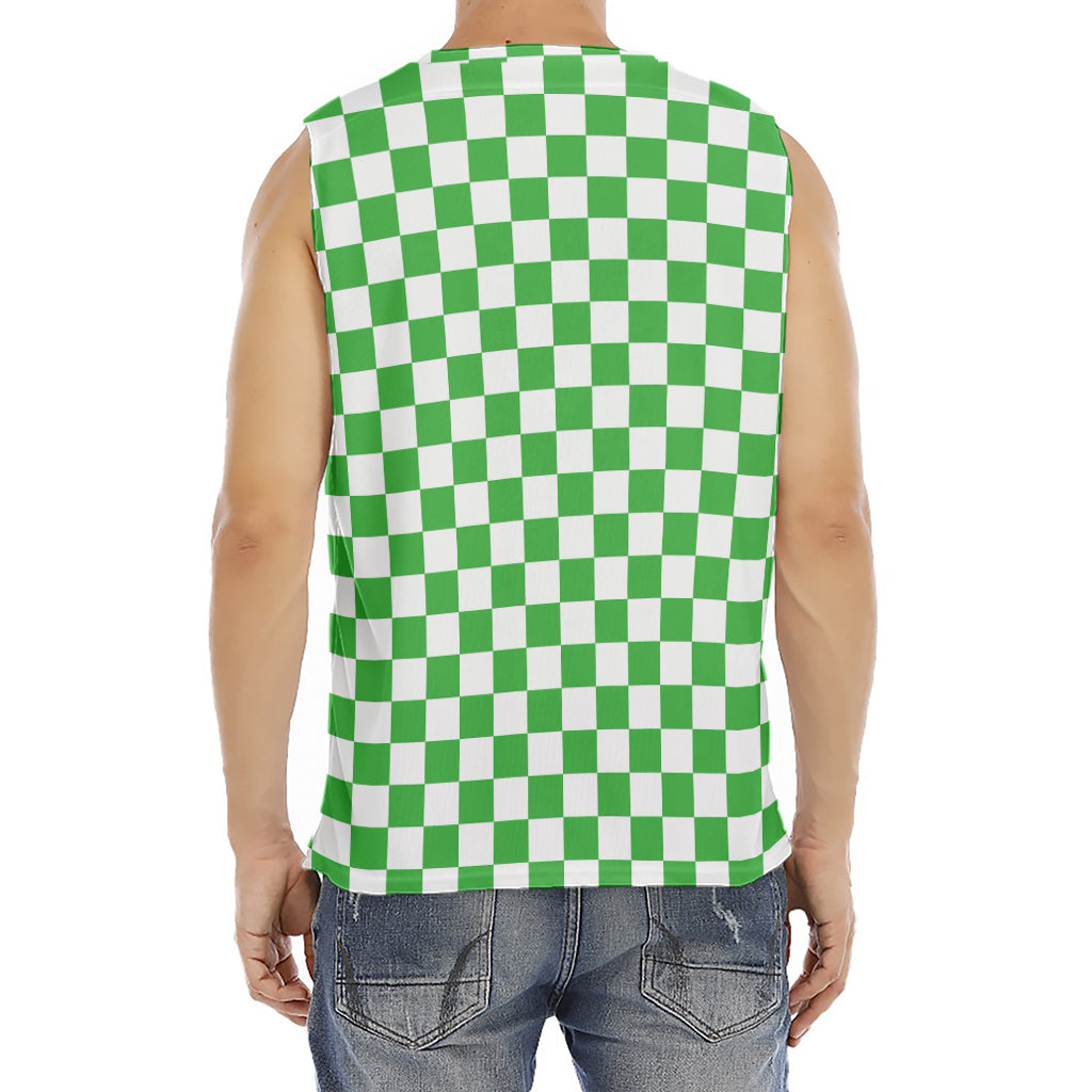 White And Green Checkered Print Men's Fitness Tank Top