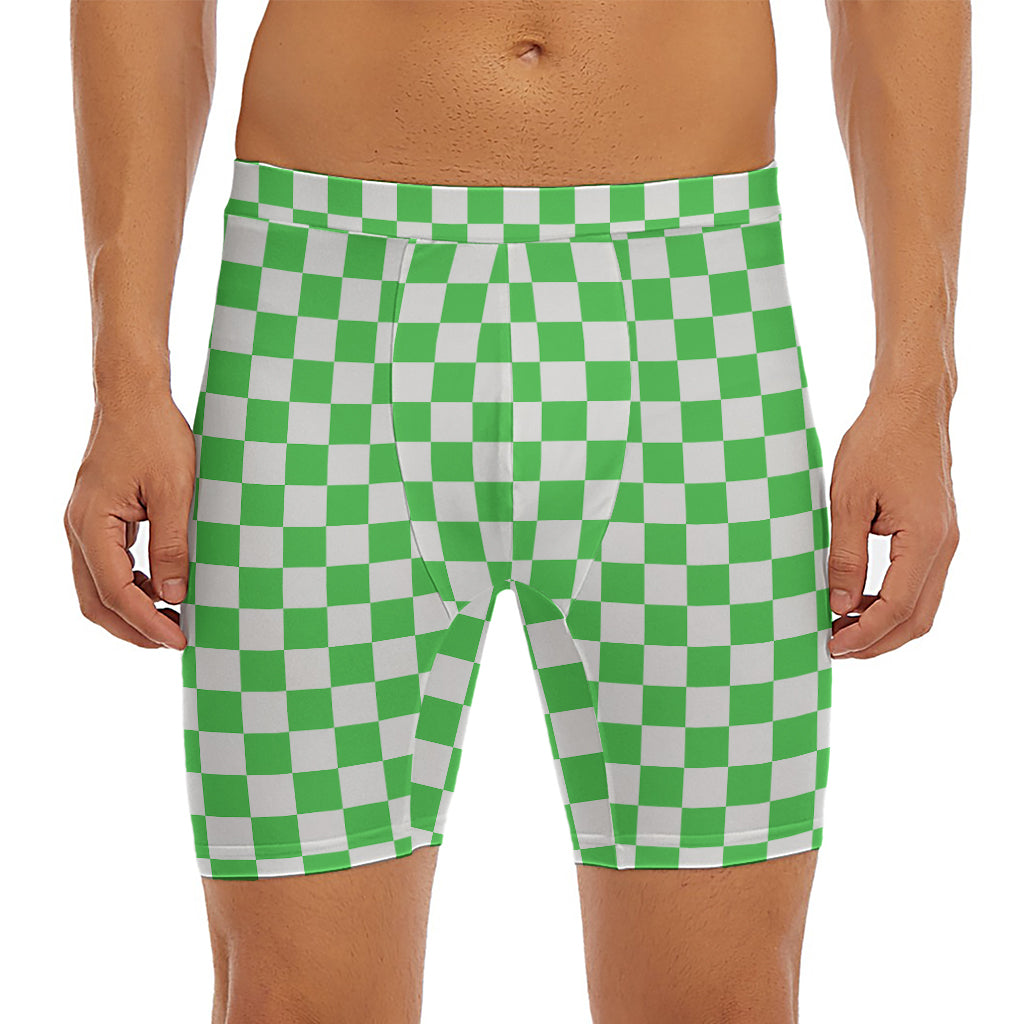 White And Green Checkered Print Men's Long Boxer Briefs