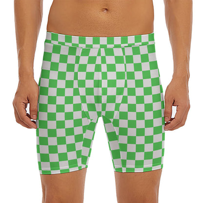 White And Green Checkered Print Men's Long Boxer Briefs
