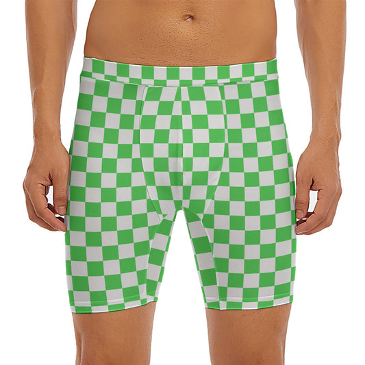 White And Green Checkered Print Men's Long Boxer Briefs