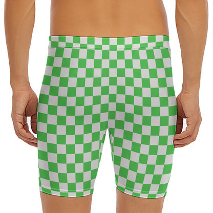 White And Green Checkered Print Men's Long Boxer Briefs