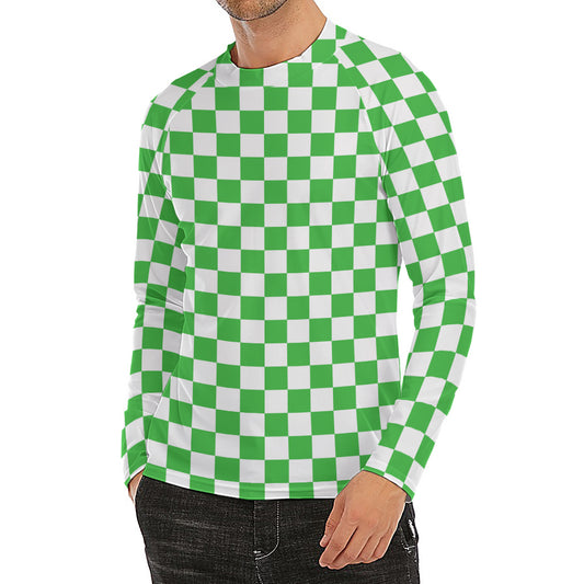 White And Green Checkered Print Men's Long Sleeve Rash Guard