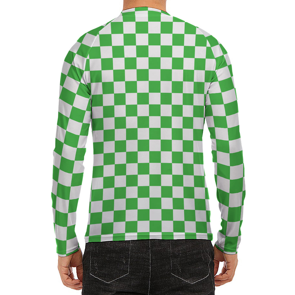 White And Green Checkered Print Men's Long Sleeve Rash Guard